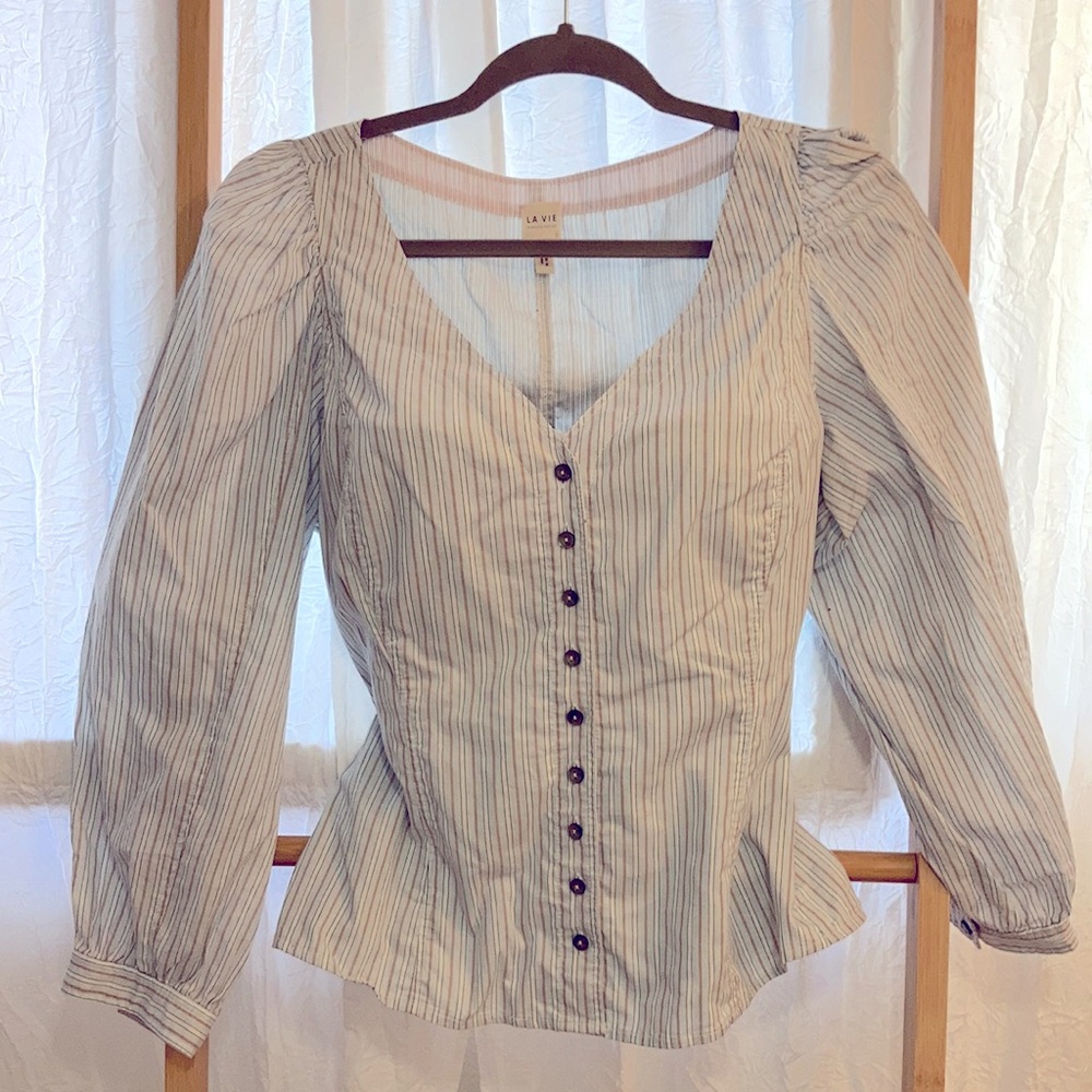 LA VIE Light blue taupe white striped blouse